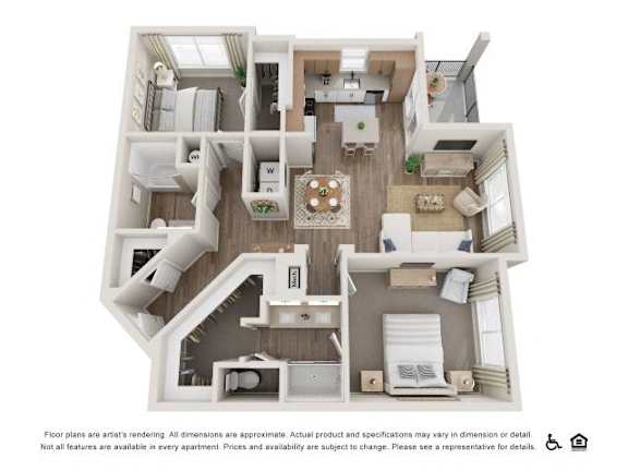 Floor Plan  A 3D floor plan of an apartment layout.
