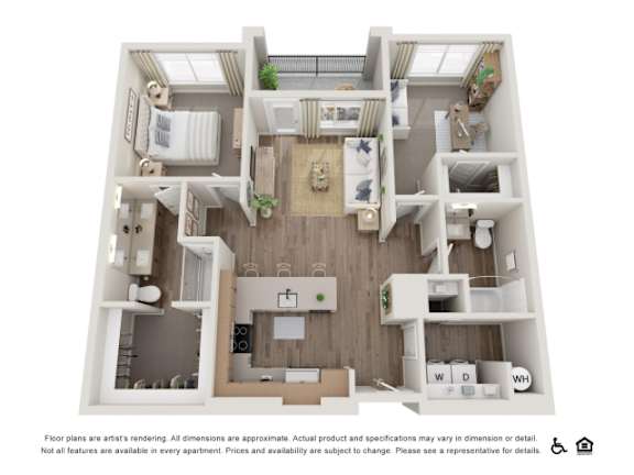 Floor Plan  A floor plan of an apartment with a kitchen, living room, and two bedrooms.