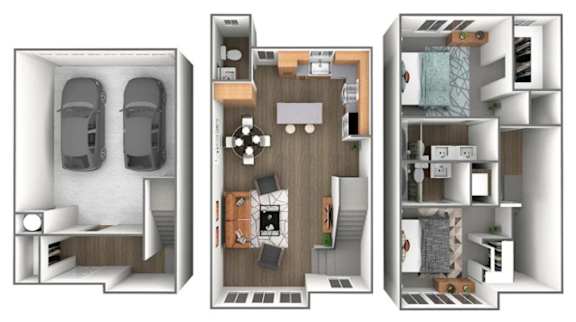 A 3D floor plan of a small apartment with a kitchen, living room, and bedroom.