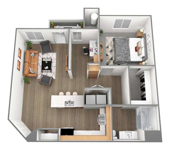 A 3D floor plan of a small apartment with a kitchen, living room, and bedroom at Amara Apartments,Midvale,UT,84047
