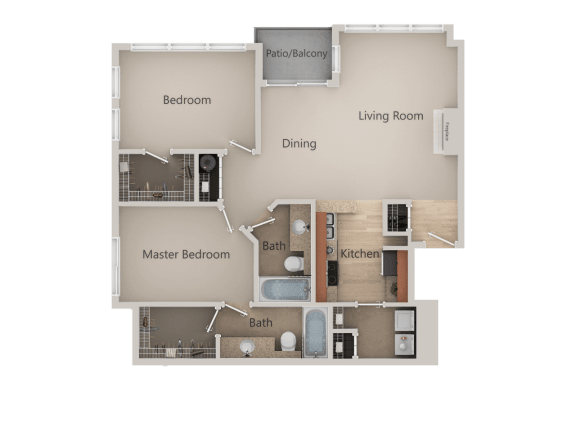 Two Bed Two Bath Floor Plan at Metropolitan Collection Apartments, Renton, Washington