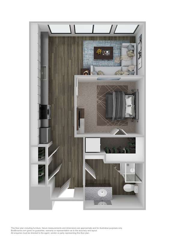 A 3D rendered image of a small apartment layout.