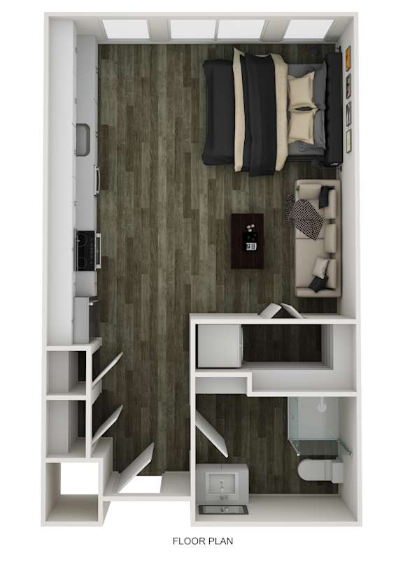 A floor plan of a small apartment with a bed, desk, and shelves.