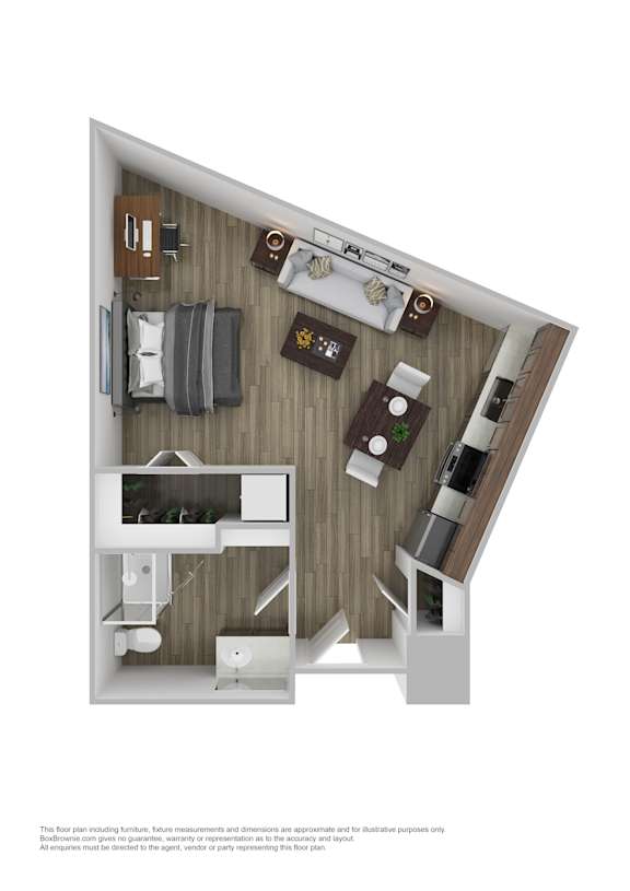 A floor plan of a small apartment with a kitchen, living room, and bedroom.