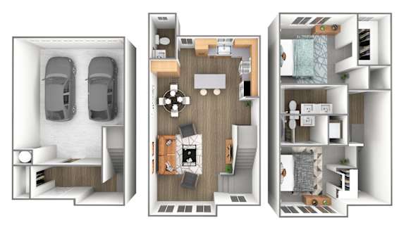 A 3D floor plan of a house showing the layout of the rooms.
