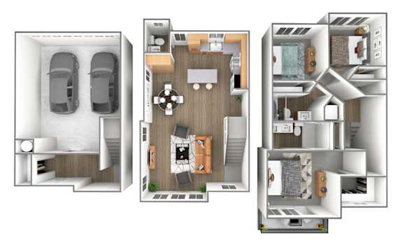 A 3D floor plan of a house showing the layout of the rooms.