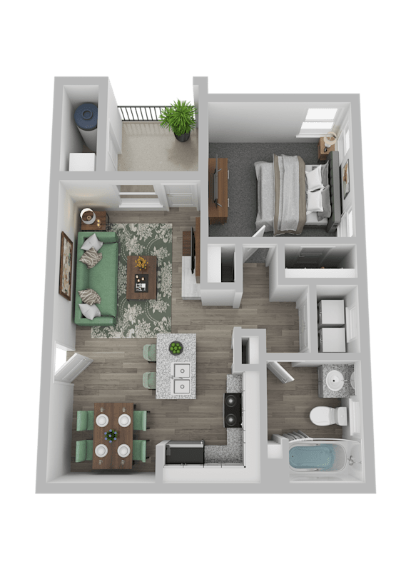 A 3D floor plan of a house showing a kitchen, living room, dining area, and bathroom.