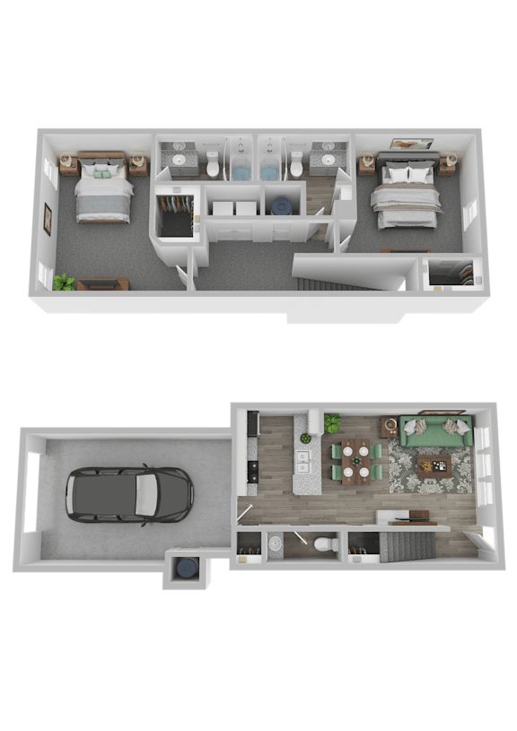 Two floor plan images of a house with a carpeted living room, a kitchen, a dining area, and two bedrooms.