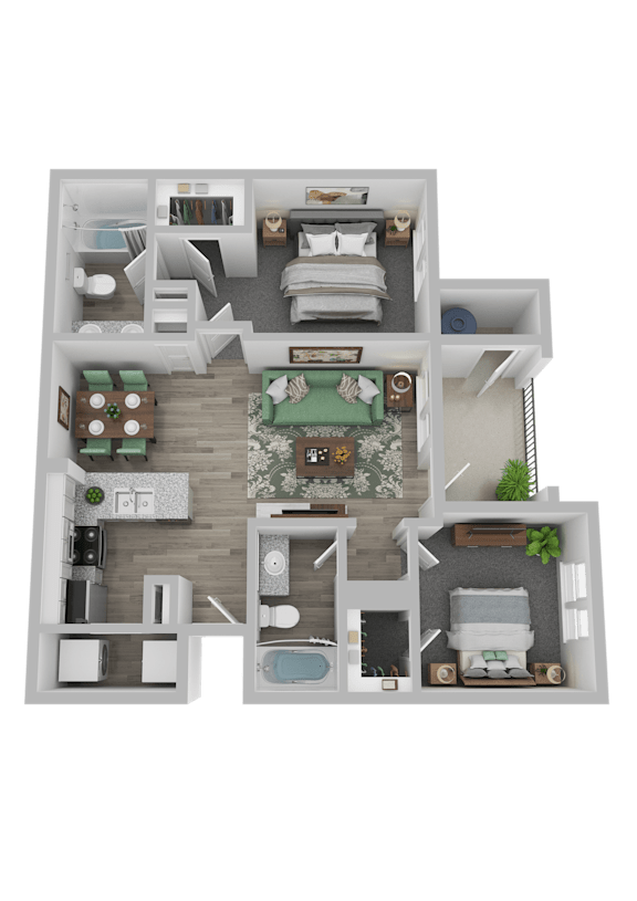 A 3D floor plan of a house with multiple rooms and furniture.