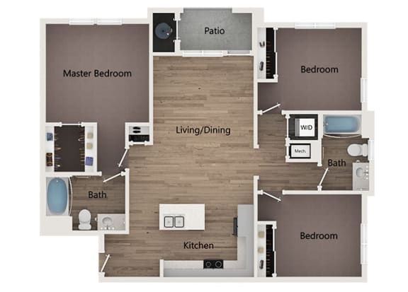 Three Bedroom, Two Bathroom Floor Plan at Sage Apartments and Townhomes, American Fork, UT, 84003