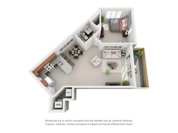 A 3D rendered image of a house layout.