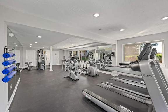A spacious home gym with treadmills, exercise equipment, and a mirror.