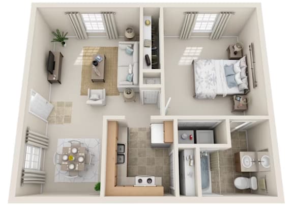 A 3D floor plan of a small apartment with a kitchen, living room, and bathroom.