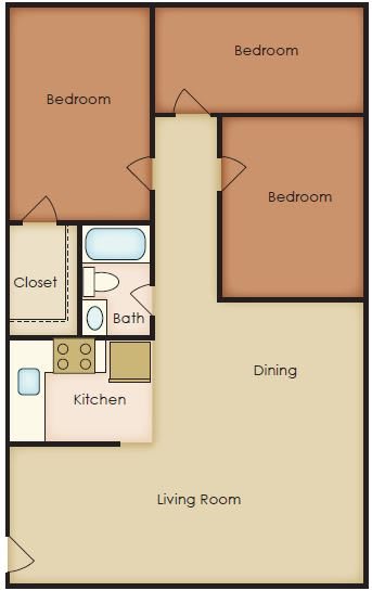 3 Bedroom 1 Bath Floor Plan at Walker Mill Apartments, Maryland, 20747