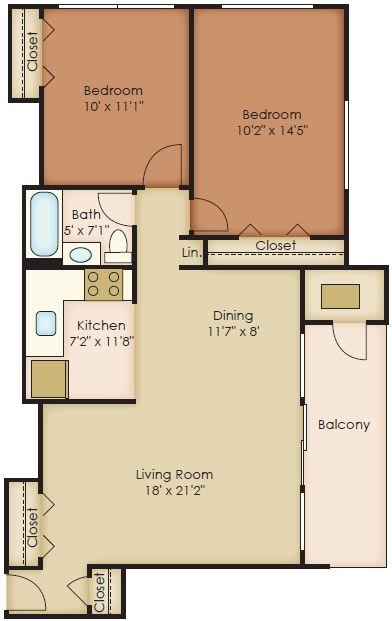 2 Bedroom 1 Bathroom Floor Plan at Walker Mill Apartments, District Heights, 20747