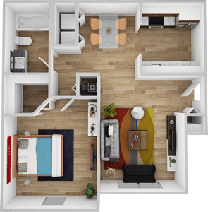 A top-down view of a small apartment with a bedroom, living room, and kitchen.
