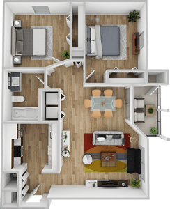 A 3D floor plan of a small apartment with a kitchen, living room, and bedroom.