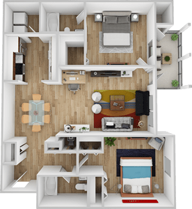 A 3D rendered image of a small apartment layout.