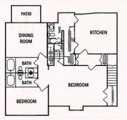 A black and white image of a floor plan for a house with a patio, dining room, kitchen, and three bedrooms.