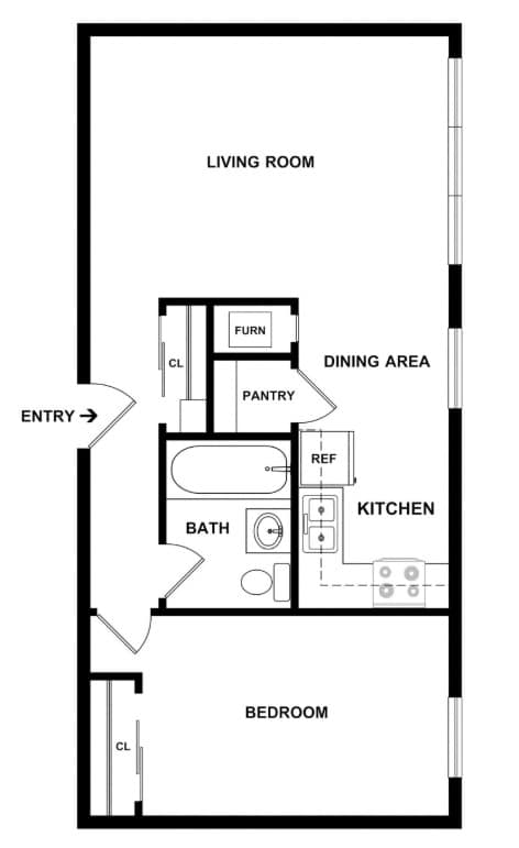 A floor plan of a small apartment with a living room, dining area, kitchen, bathroom and bedroom.