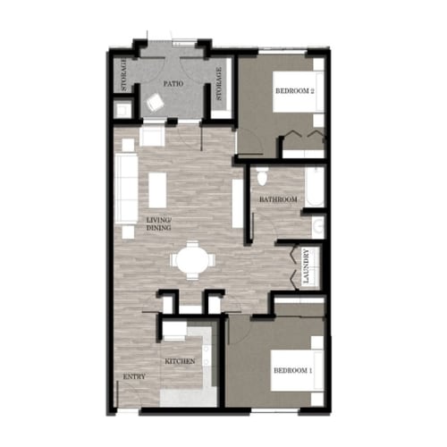 A floor plan of a house with two bedrooms, a living area, a kitchen, a bathroom, and a laundry room.