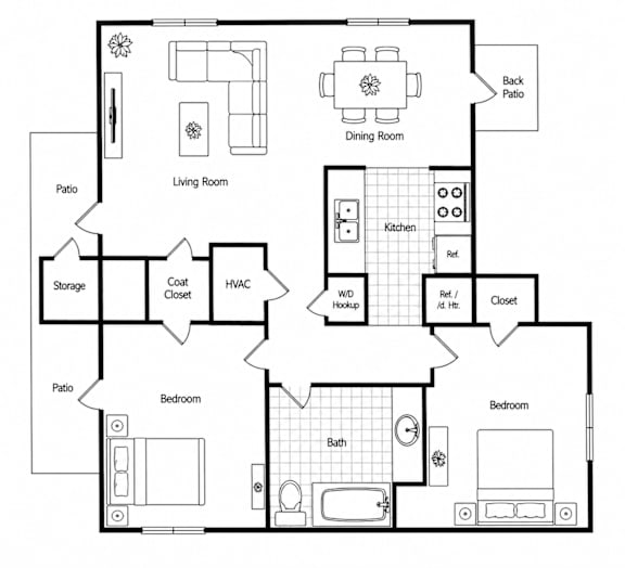 A black and white floor plan of a house with a living room, dining room, kitchen, two bedrooms, and a storage area.