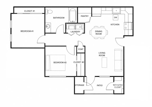 A black and white floor plan of a house with two bedrooms, a living room, a kitchen, a bathroom, a pantry, a storage area, and a patio.