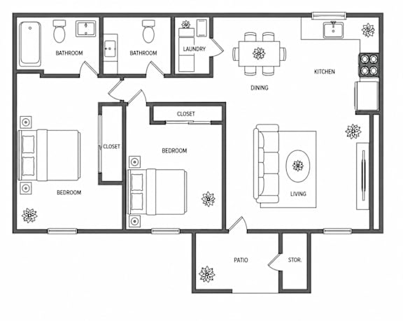 A black and white floor plan of a house with labeled rooms.