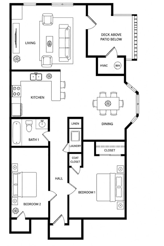 A black and white floor plan of a house with labeled rooms.