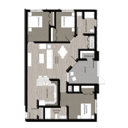 A floor plan of a house with a master bedroom, two bathrooms, a living room, a dining room, a kitchen, and a storage area.