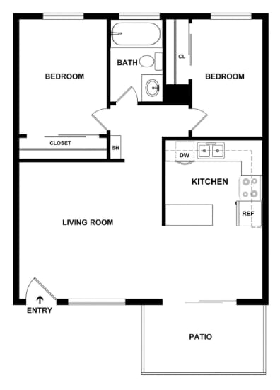 A black and white image of a floor plan for a house with two bedrooms, a living room, a kitchen, a bathroom, a patio, and an entry.