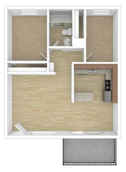 A floor plan of a small apartment with a kitchen, living room, and bathroom.