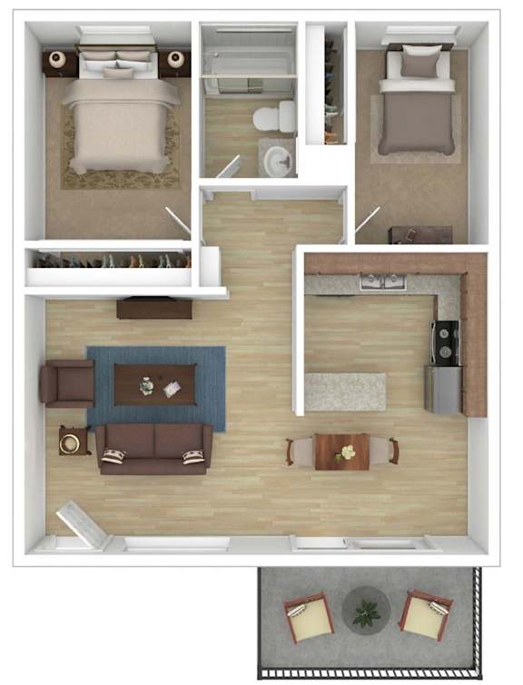 A top-down view of a living room, kitchen, and bedroom layout.