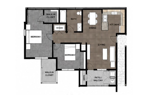 A floor plan of a house with two bedrooms, a living room, a kitchen, a dining room, a walk-in closet, and a patio/balcony.