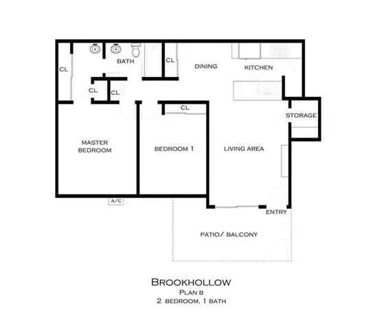 A black and white floor plan of a two bedroom apartment with a master bedroom and a living area at Brookhollow Apartments, West Covina , CA