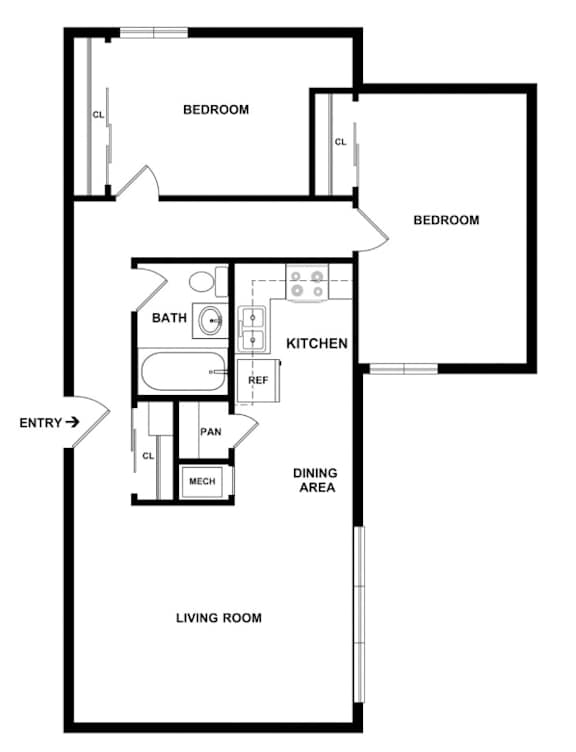 A black and white floor plan of a house with two bedrooms, a living room, a kitchen, a bathroom, a dining area, and an entry point.