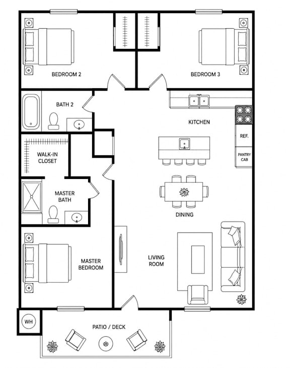 A floor plan of a house with labeled rooms such as Bedroom 2, Bath 2, Kitchen, and Living Room.