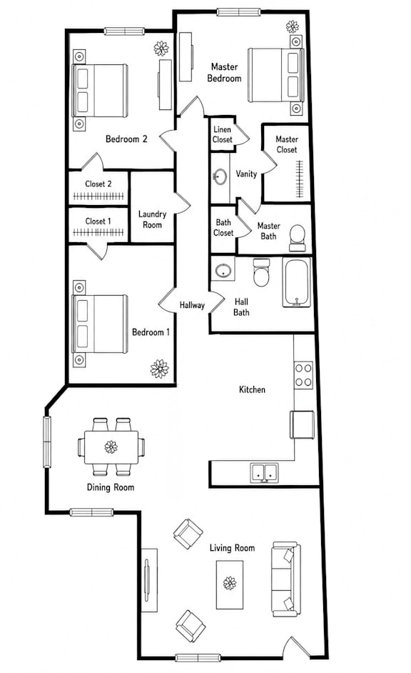 A black and white image of a floor plan for a house.