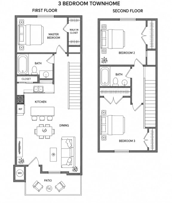 A black and white floor plan of a 3 bedroom townhouse.