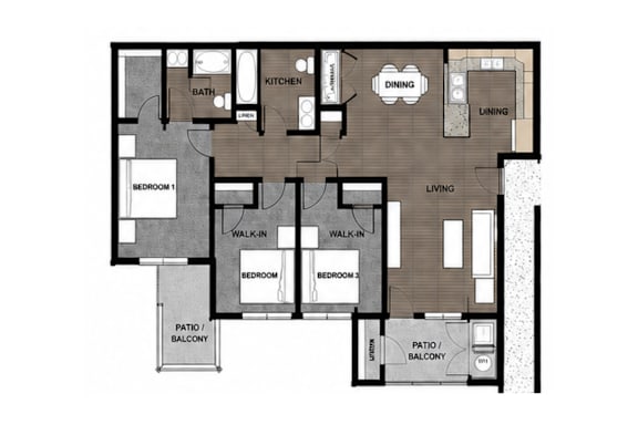 A floor plan of an apartment with two bedrooms, a living room, a dining room, a kitchen, a bathroom, and a patio/balcony.