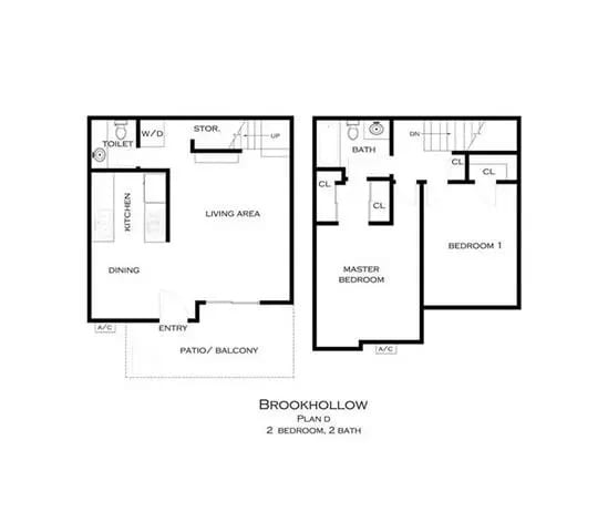 A black and white floor plan of a Brookhollow property with two bedrooms and two bathrooms at Brookhollow Apartments, West Covina
