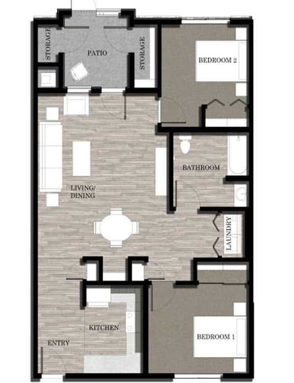 A floor plan of a house with two bedrooms, a patio, a bathroom, a laundry area, a kitchen, a dining area, and an entry.