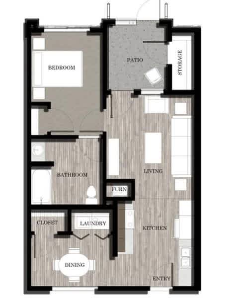 A floor plan of a house with a bedroom, bathroom, living room, kitchen, dining area, closet, laundry, and storage.