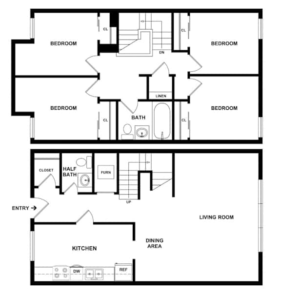 A black and white image of a house floor plan with labeled rooms.
