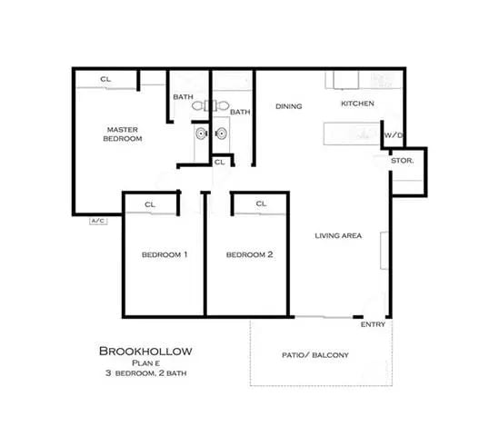 A black and white image of a Brookhollow floor plan at Brookhollow Apartments, West Covina , CA 91792