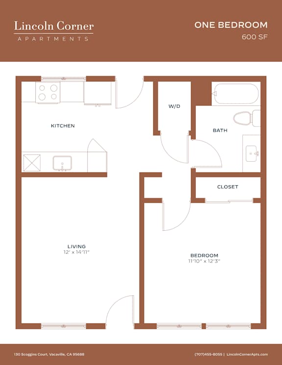 A floor plan for a one bedroom apartment at Lincoln Corner.