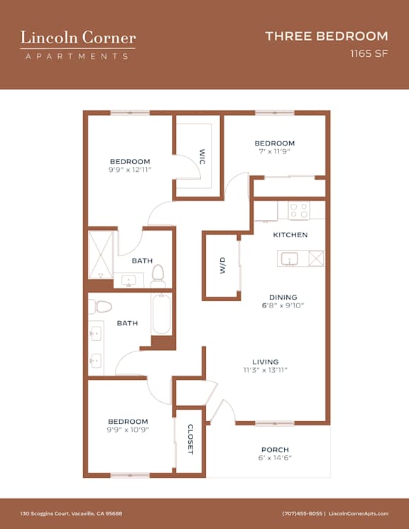 A three bedroom apartment floor plan by Lincoln Corner Apartments.