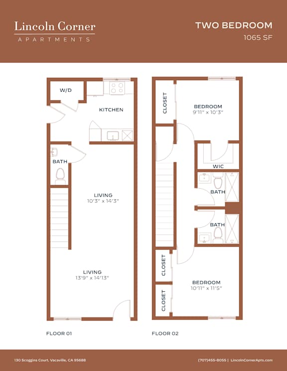 A floor plan for a two bedroom apartment at Lincoln Corner.