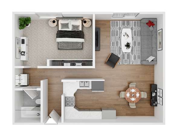 A top-down view of a modern living room with a sofa, coffee table, and kitchen area.