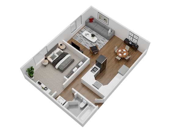 Floor Plan  A top-down view of a modern living room and kitchen area.